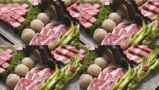 火锅美食肥牛蔬菜丸子拼盘特写高清在线视频素材下载