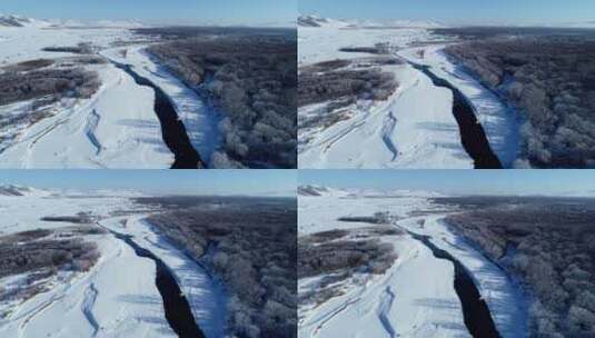 航拍呼伦贝尔草原冬季雪原河流高清在线视频素材下载