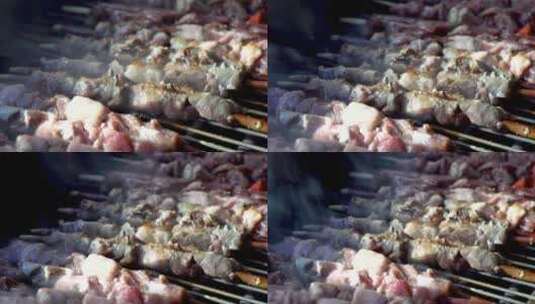 烤羊肉串特写烟火气息烤肉高清在线视频素材下载