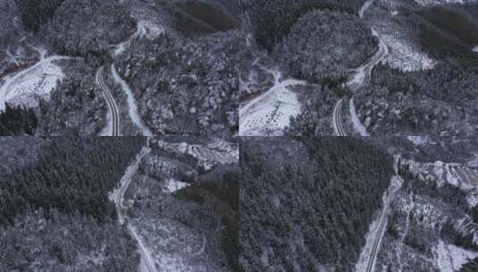 浙江丽水岩下村航拍森林雪景自然公路风光高清在线视频素材下载