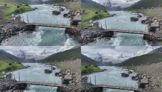 雪山冰川河流萨普神山小桥流水草原高清在线视频素材下载