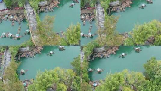 遇龙河竹筏漂流休闲观光 航拍高清在线视频素材下载