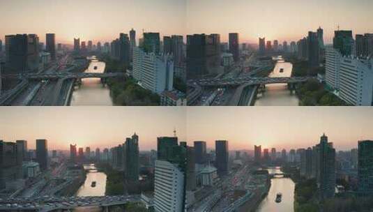 杭州武林门大运河环城北路夕阳航拍高清在线视频素材下载