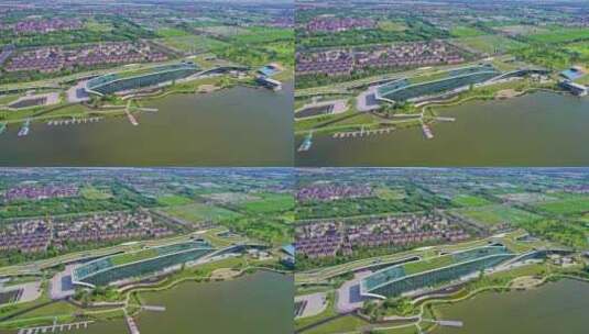 航拍富阳城市大景 水上运动中心高清在线视频素材下载