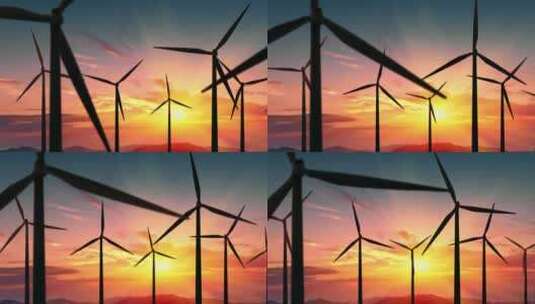美丽的橙色日落下的风力涡轮机农场。美丽晴朗的生态能源发电机高清在线视频素材下载