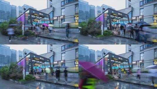 杭州滨江区聚才路地铁站下雨天地铁进站人流高清在线视频素材下载