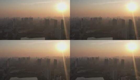 夕阳晚霞中的日照城市风光航拍高清在线视频素材下载