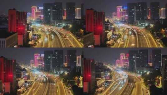 航拍五彩世界扬州西区快速路华城科技夜景高清在线视频素材下载