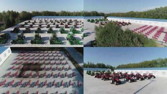 4K航拍农业农机具停放场农用器械水稻收割机高清在线视频素材下载