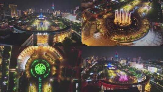泉城广场夜景航拍 音乐喷泉 标志性建筑高清在线视频素材下载