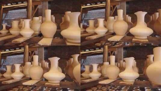 木架上的陶瓷半成品坯体空镜运镜高清在线视频素材下载