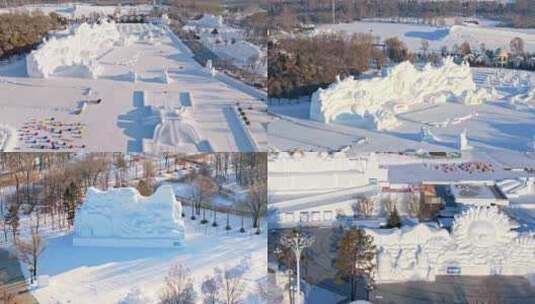 中国黑龙江哈尔滨太阳岛雪博会雪雕航拍合集高清在线视频素材下载