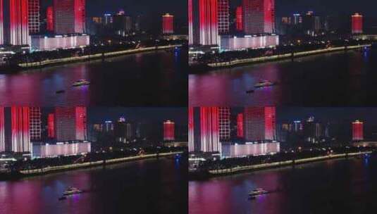 4k长沙湘江橘子洲夜景航拍高清在线视频素材下载