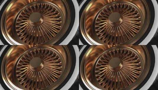 循环特写带轮胎的金青铜钢丝轮高清在线视频素材下载