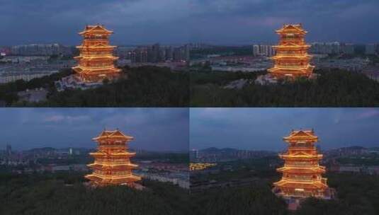航拍薛城临山阁夜景一镜到底环绕360度高清在线视频素材下载