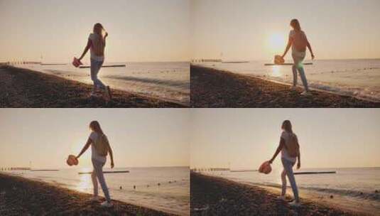 4K-清晨女孩在海边散步高清在线视频素材下载