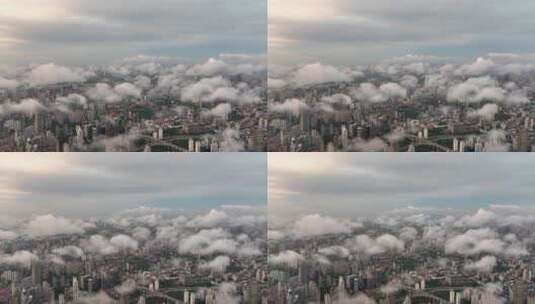 上海浦西清晨云雾航拍城市风光高清在线视频素材下载