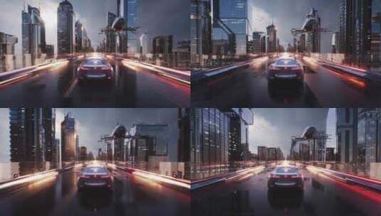 未来城市与骑车和飞行无人机出租车电影循环高清在线视频素材下载