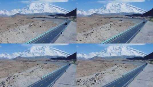 航拍新疆慕士塔格峰与公路高清在线视频素材下载