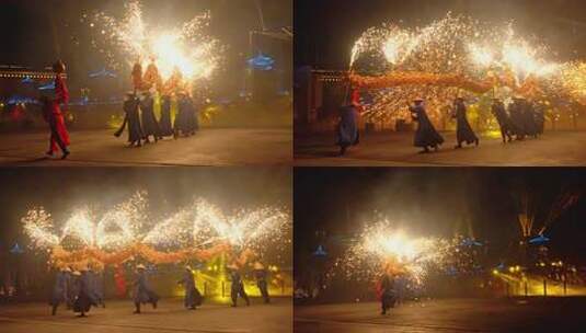 传统民俗文化舞龙表演烟花绽放高清在线视频素材下载