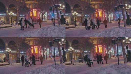 下雪的哈尔滨中央大街高清在线视频素材下载