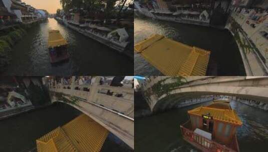 跟随拍摄南京秦淮河画舫穿过桥下高清在线视频素材下载
