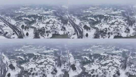 航拍瘦西湖景区园林大明寺观音山宋夹城雪景高清在线视频素材下载