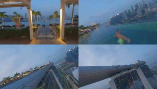4kfpv穿越滨海湾金沙酒店建筑空中泳池高清在线视频素材下载
