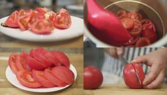 【镜头合集】做菜切西红柿块高清在线视频素材下载