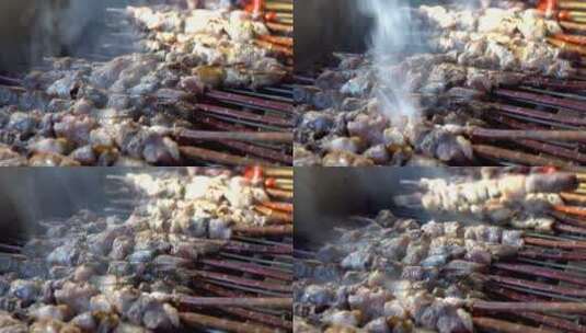 烤羊肉串特写烟火气息烤肉高清在线视频素材下载