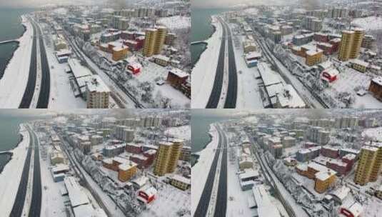 城市中积雪的城镇建筑高清在线视频素材下载