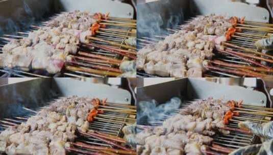 烤羊肉串烧烤制作现烤美食烤串撸串高清在线视频素材下载