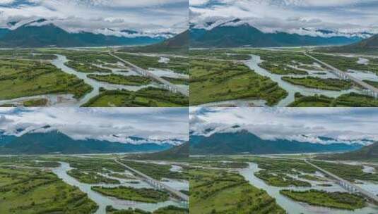 航拍川藏山川河流延时摄影蓝天白云湖穿云雾高清在线视频素材下载