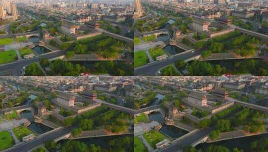 陕西西安城墙护城河全景航拍高清在线视频素材下载