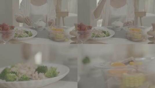 在一桌子的美食 西蓝花 虾 果汁吃饭高清在线视频素材下载