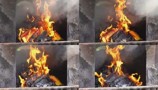寺庙香炉烧香纸金银纸香火烟火燃烧灰烬高清在线视频素材下载