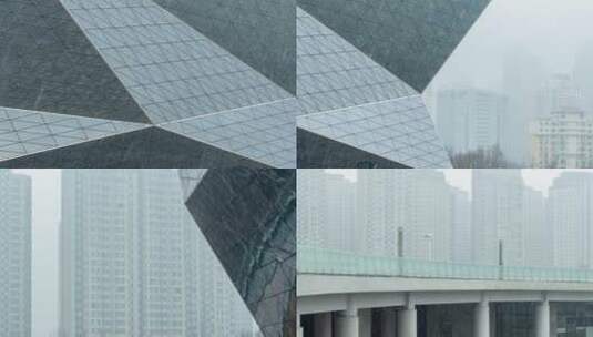 雨雪天气住宅楼房现代建筑盛京大剧院高清在线视频素材下载