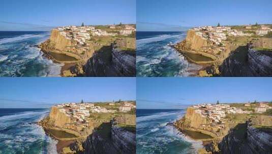 葡萄牙阿泽尼亚斯·多·马尔。海洋中的天然游泳池，紧挨着悬崖和海边村庄高清在线视频素材下载