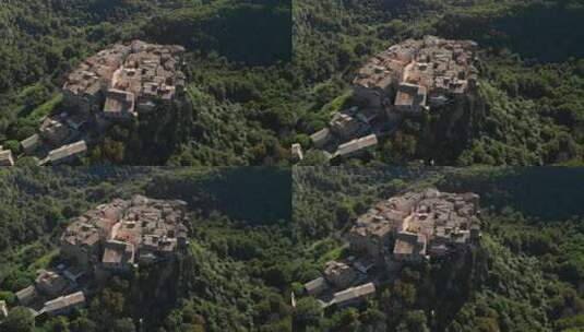 无人机降落在卡尔卡塔韦基亚上空，卡尔卡塔韦基亚是一个典型的意大利中世纪城镇，矗立在山顶上高清在线视频素材下载