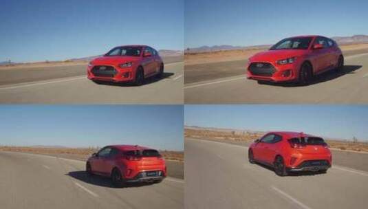 红色现代汽车行驶在荒漠公路上戈壁公路高清在线视频素材下载