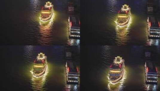 俯拍游船轮船重庆嘉陵江夜晚游轮高清在线视频素材下载
