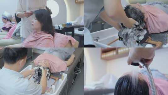 中年妇女在理发店洗头发高清在线视频素材下载