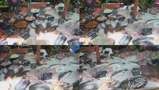 南法市集摊位上的各种鱼高清在线视频素材下载