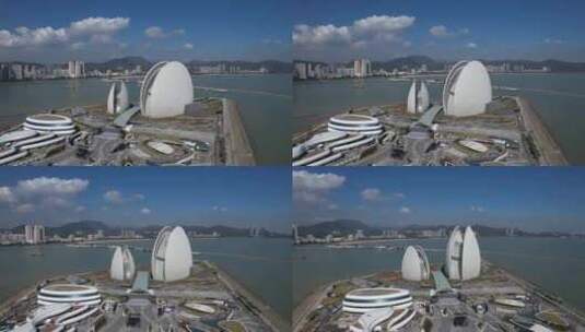 广东珠海日月贝大剧院地标建筑航拍高清在线视频素材下载