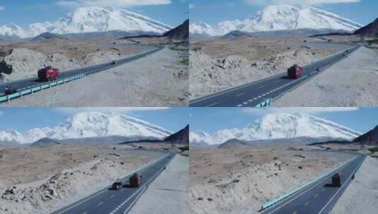 4k航拍新疆慕士塔格下大车在行驶高清在线视频素材下载