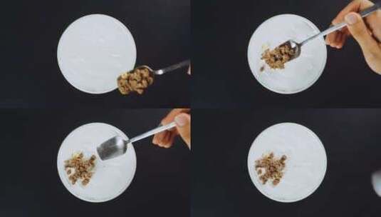 格兰诺拉麦片，碗，酸奶，顶级镜头高清在线视频素材下载