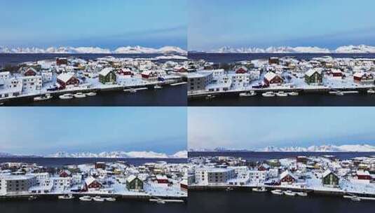 挪威罗弗敦群岛北极圈雷纳冬季雪景高空航拍高清在线视频素材下载