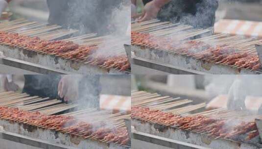 烤羊肉串户外烧烤碳烤烤肉串露营美食特写高清在线视频素材下载