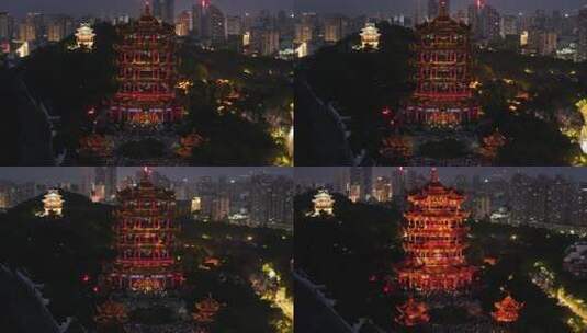 武汉黄鹤楼灯光秀夜景航拍高清在线视频素材下载