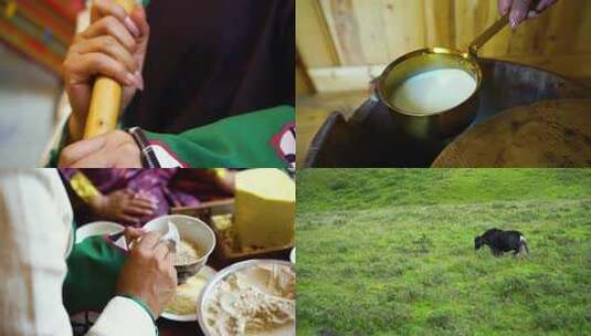 藏族一家人吃藏餐  打牛奶 酥油茶 糌粑高清在线视频素材下载